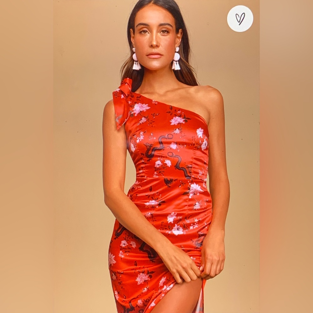 NWOT! Paradiso Red Floral Dragon Print Satin One-Shoulder Midi Dress